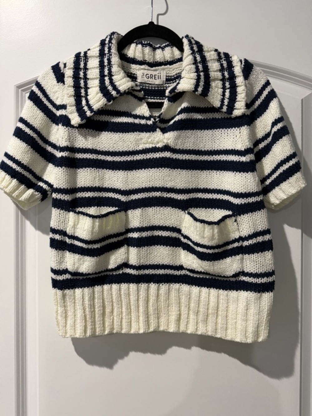 The Greii- Navy & Cream Preppy Cottagecore Striped Short-Sleeve Sweater